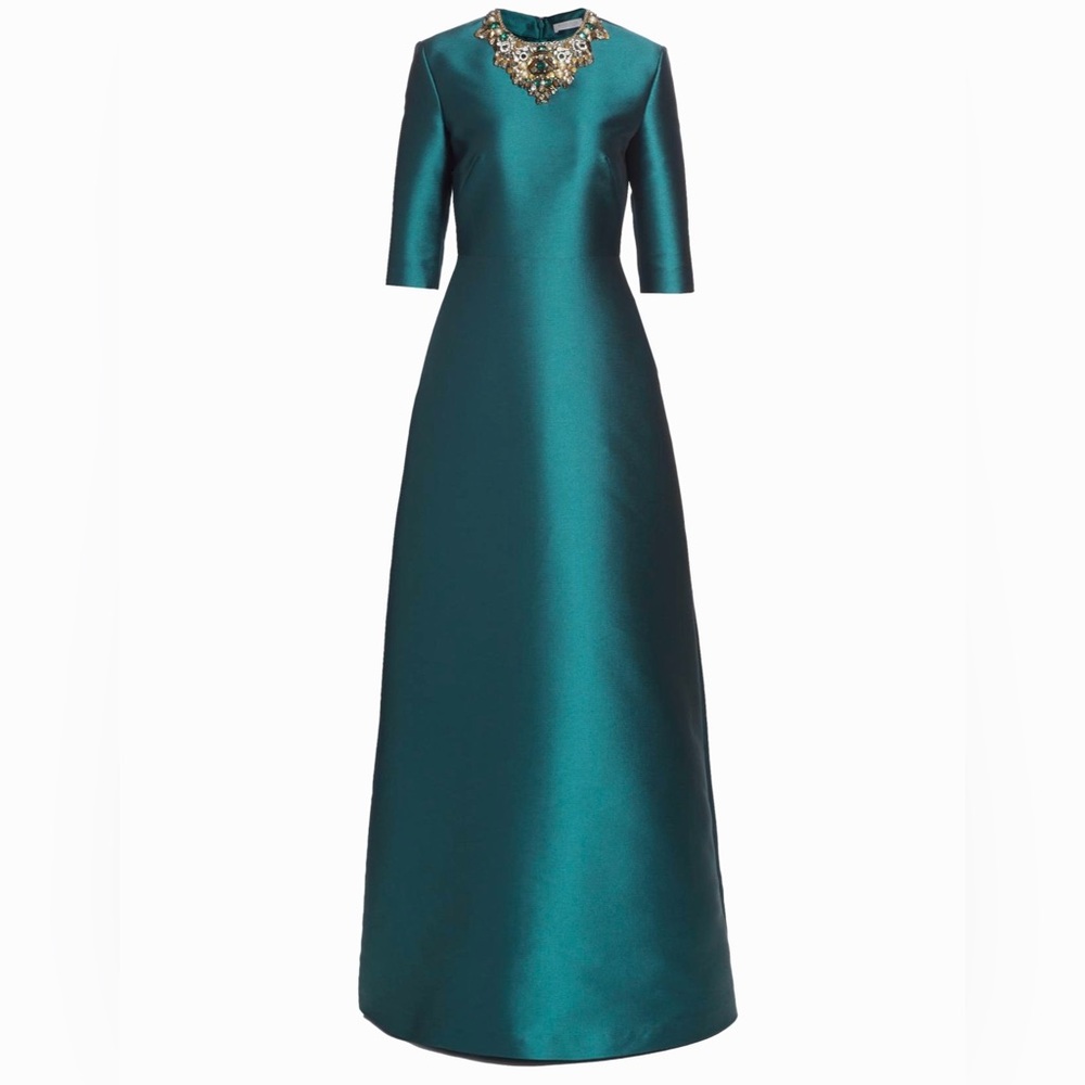 Reem Acra Mikado Embellished Gown Crystal Round-neck Maxi Dress